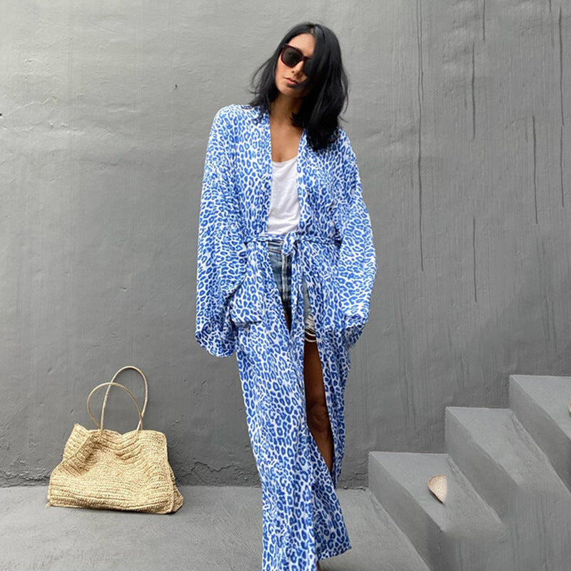 Leopard Print Long Cardigan Loose Beach Sun Protection Coat Beach Cover Up Swimsuit Outwear Women